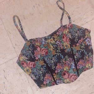Vintage Floral Print Corset Cropped Zipper Back Top